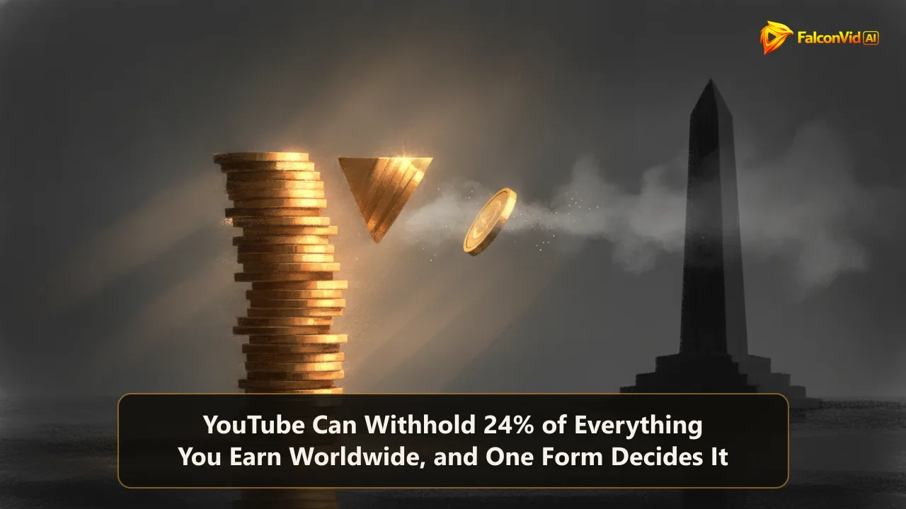 A creator payout split into two stacks of very different sizes, representing US tax withholding on YouTube earnings for creators outside the United States