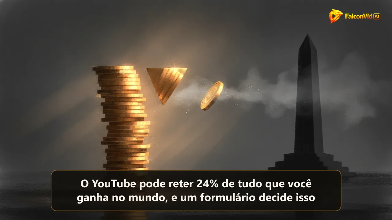Um pagamento de criador dividido em duas pilhas de tamanhos bem diferentes, representando a retenção de imposto americano sobre a receita do YouTube