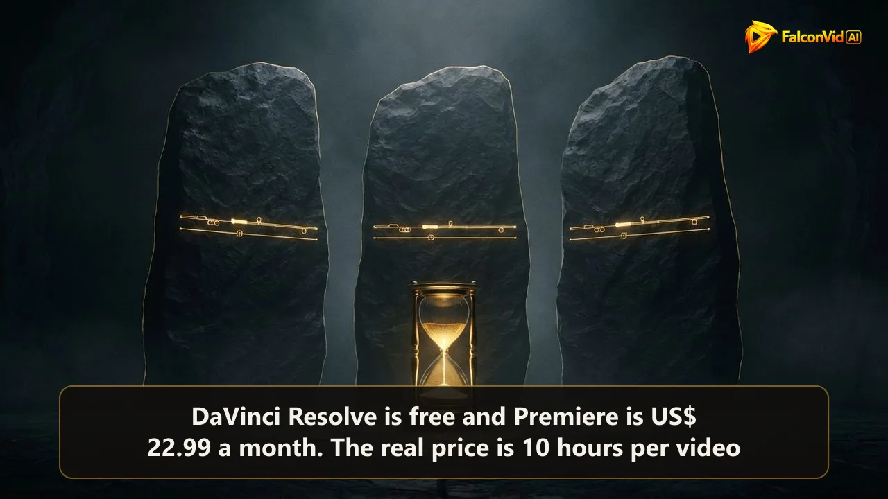 Three dark monoliths with golden editing timelines behind a large golden hourglass, the hours hidden behind the choice of a video editor
