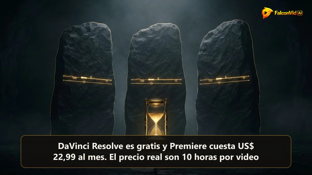 Tres monolitos oscuros con líneas de tiempo doradas detrás de un gran reloj de arena dorado, las horas escondidas detrás de la elección del editor de video