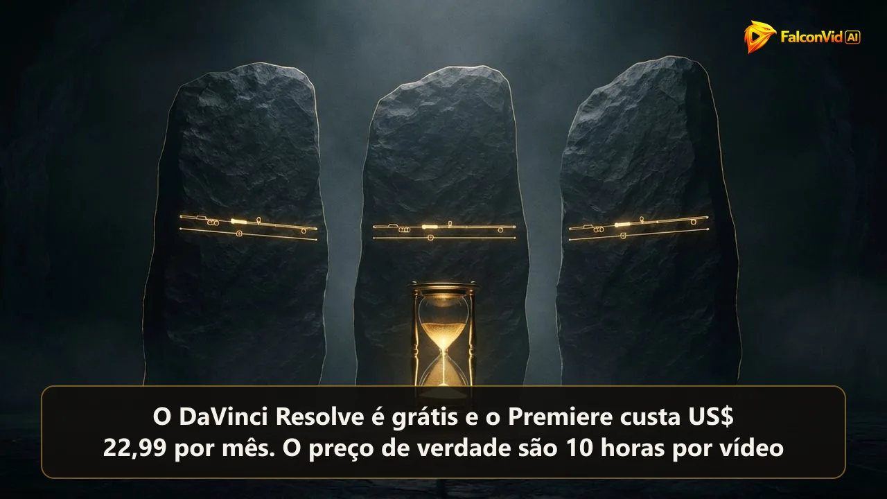 Três monolitos escuros com linhas do tempo douradas atrás de uma grande ampulheta dourada, as horas escondidas atrás da escolha do editor de vídeo