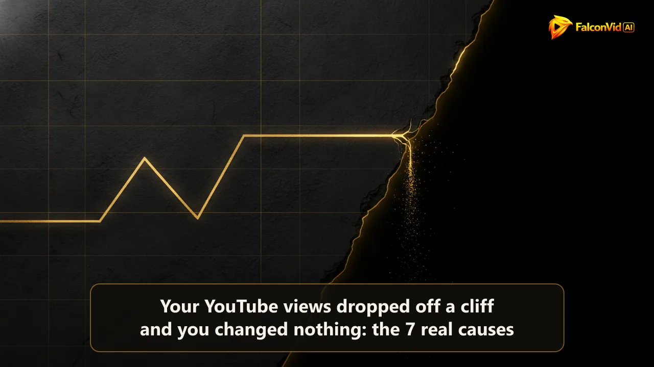 A golden line graph running steadily across a dark surface and then breaking downward into a sharp cliff, with small glowing particles falling from the broken edge.