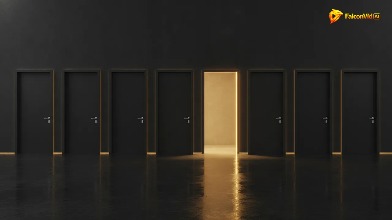 Seven identical closed dark doors along a wall, with only the fourth one glowing warm gold and spilling light onto the floor.