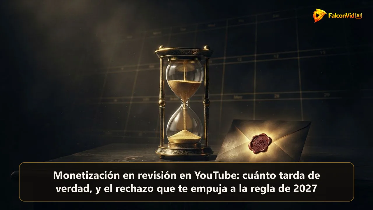 Un reloj de arena dorado a la mitad junto a un sobre sellado y brillante, la espera por la revisión de la monetización en YouTube
