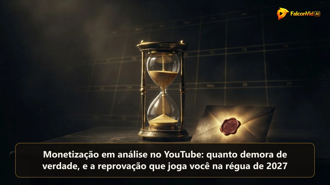 Uma ampulheta dourada pela metade ao lado de um envelope lacrado e brilhante, a espera pela análise da monetização no YouTube