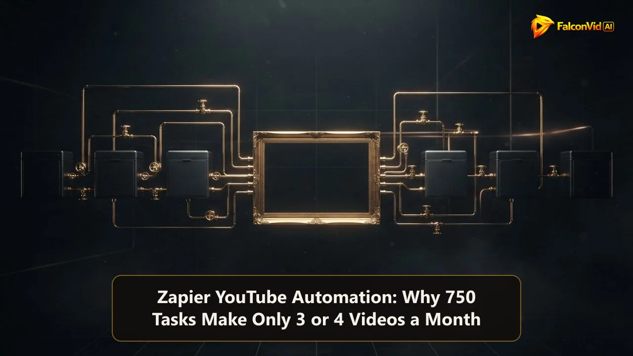 Thin golden pipes and valves with small counters connecting dark boxes into one empty golden film frame, plumbing that carries files but holds no video