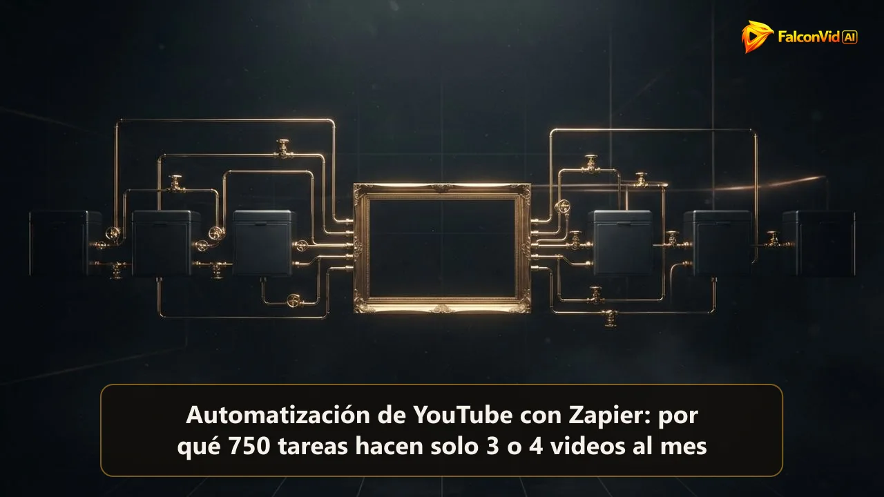 Tuberías doradas finas con válvulas y pequeños contadores que conectan cajas oscuras con un único fotograma dorado vacío, una tubería que lleva archivos pero no guarda ningún video