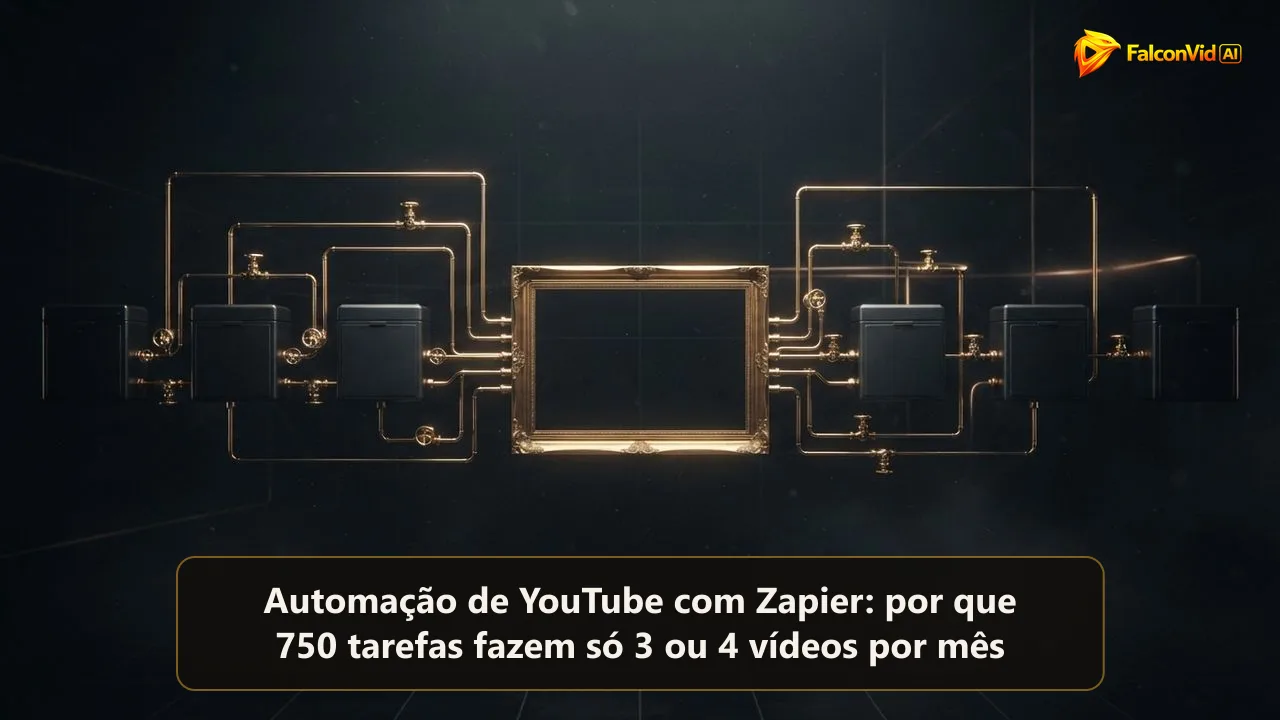 Canos dourados finos com válvulas e pequenos contadores ligando caixas escuras a um único quadro de filme dourado vazio, encanamento que leva arquivos mas não guarda vídeo nenhum