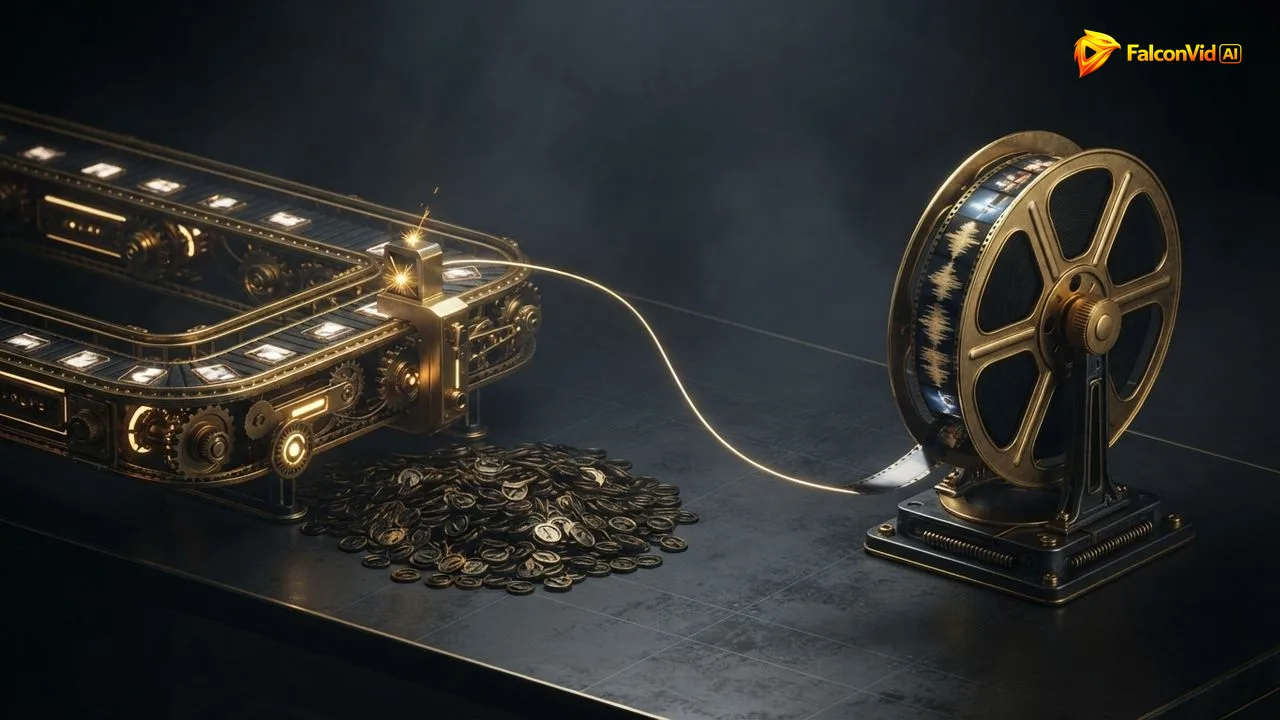 A golden loop of identical image tiles each passing under a ticking meter beside a complete golden film reel with scenes, sound and captions, tasks counted against a finished video