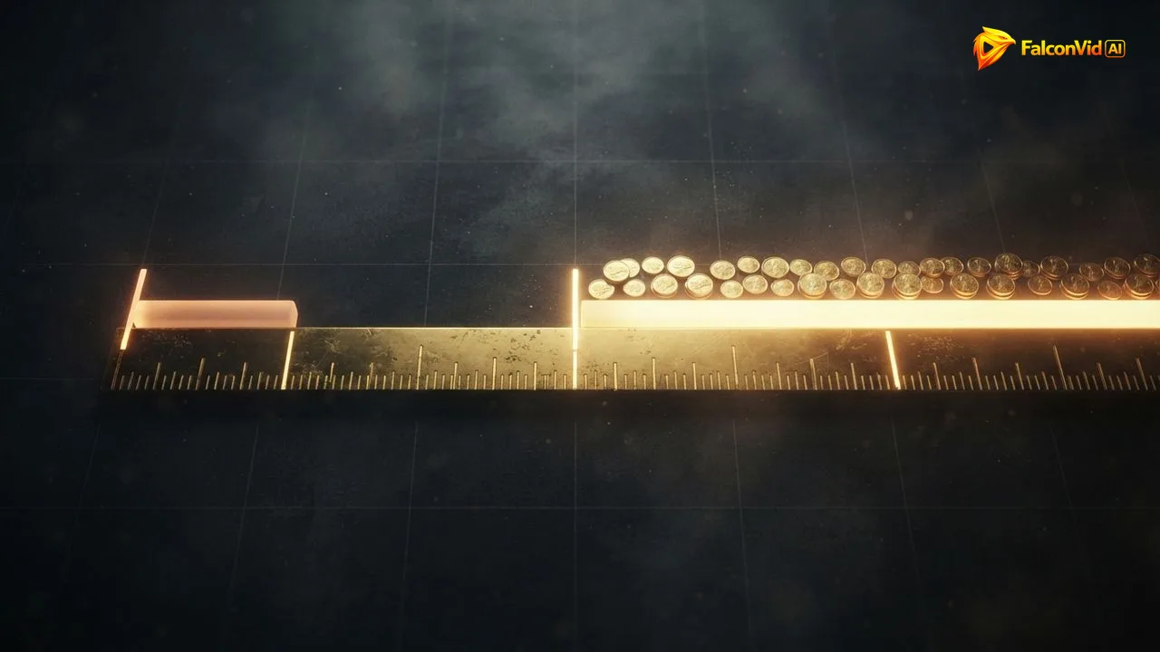 A golden ruler with a short bar of light stopping early and a long bar passing a second mark, the gap between a 5 minute and a 12 minute video