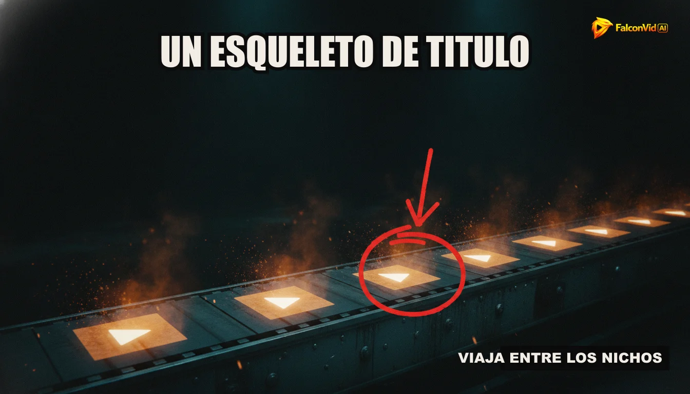Ilustración de una cinta transportadora automatizada que ensambla videos de YouTube faceless, desde la investigación hasta la publicación.