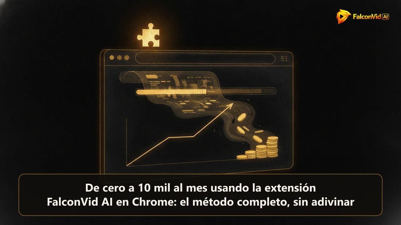 Barra de la extensión FalconVid AI sobre un canal de YouTube monetizado, con ingreso estimado y métricas clave