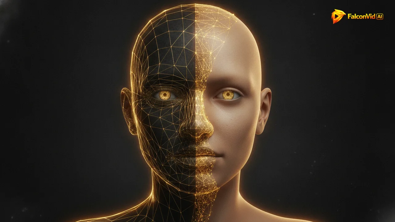 AI influencer avatar being generated from a golden wireframe into a realistic face