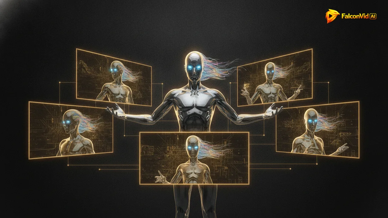 The same AI avatar presenting videos across multiple screens with one consistent identity