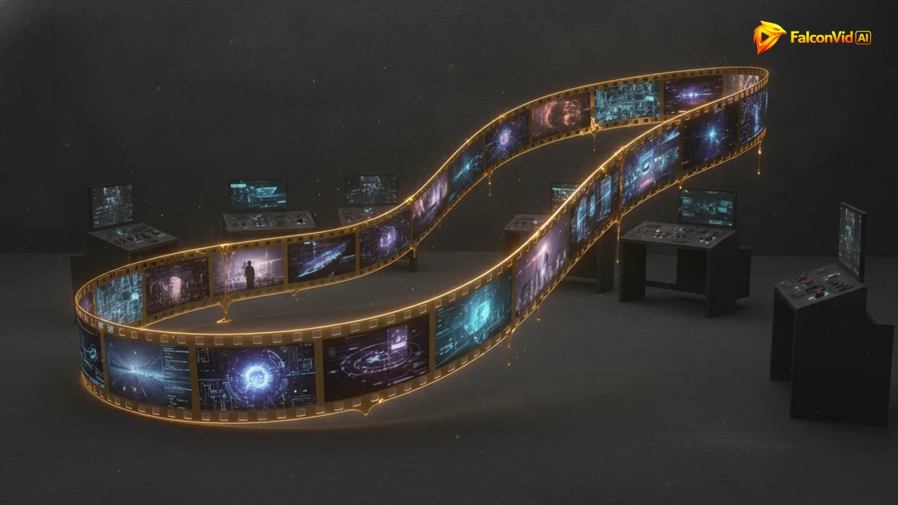 Long film strip flowing through a dark editing room representing AI long form video generation