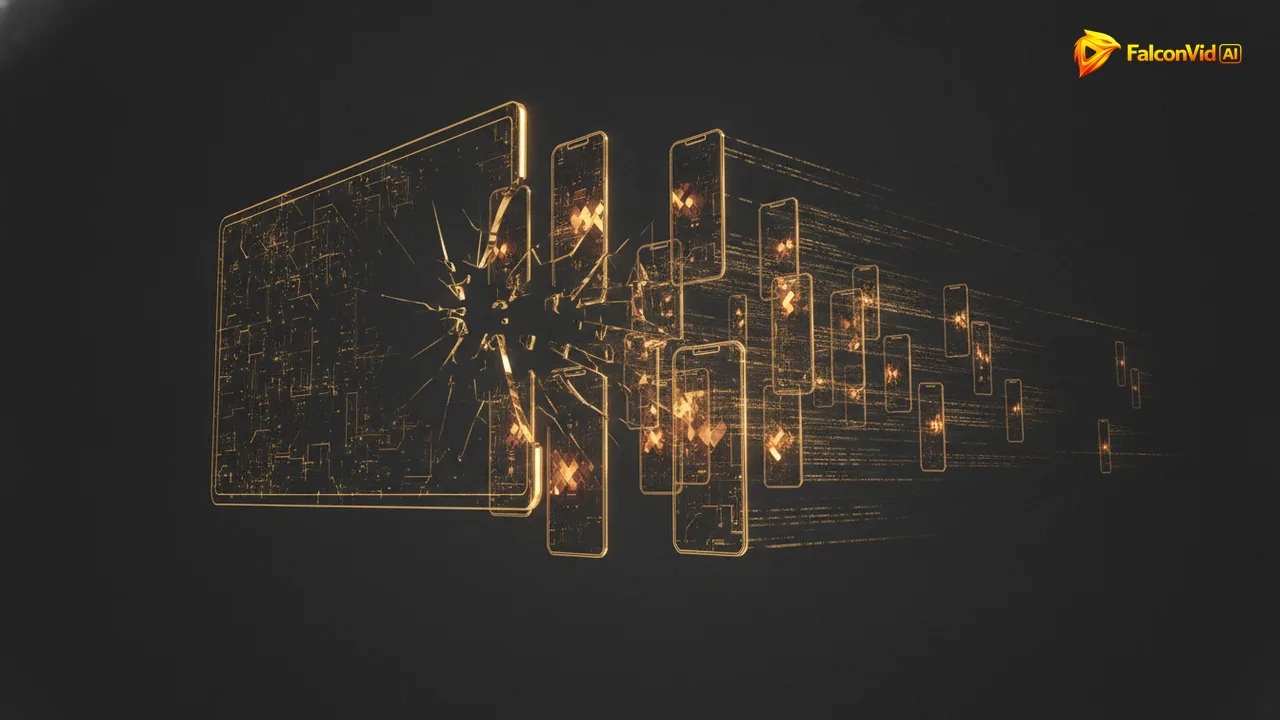 Widescreen video splitting into vertical Shorts on glowing phone screens