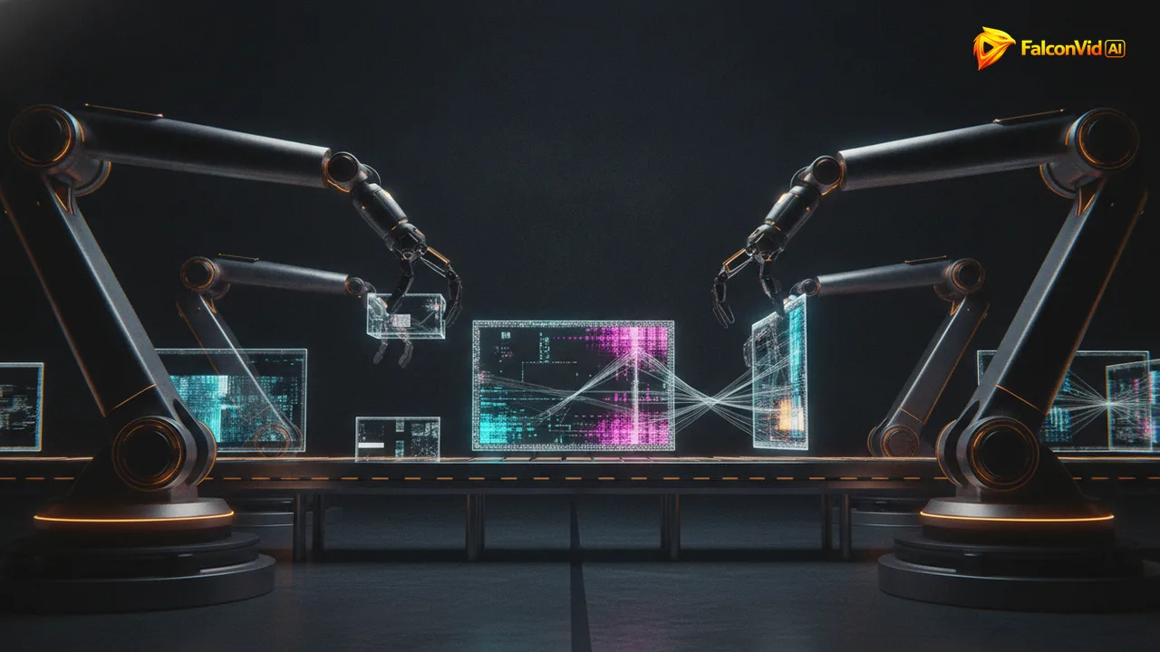 Assembly line of robotic arms building video frames representing AI video automation