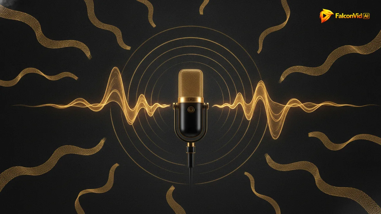 Golden sound waves and language ribbons around a studio microphone representing AI narration in 63 languages