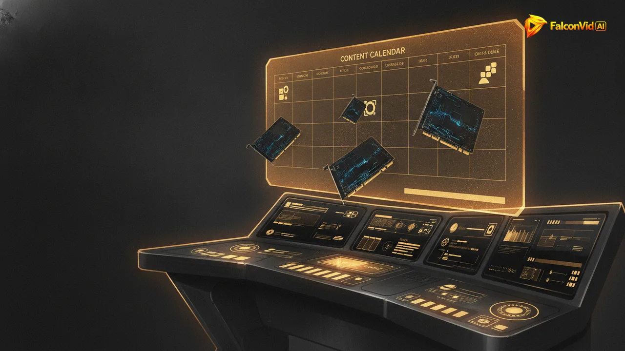 Mission control dashboard with a content calendar running itself representing YouTube automation