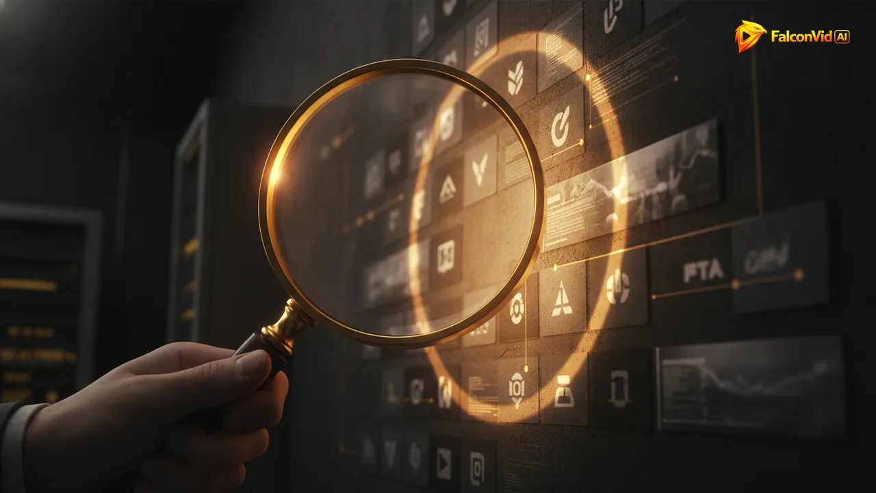 Magnifying glass scanning competitor video thumbnails representing a YouTube spy tool